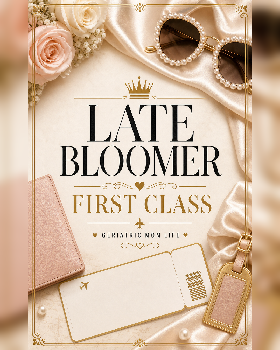 Geriatric Mom Life graphic that says Late Bloomer First Class